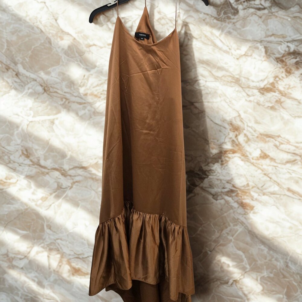 ✨ Padova Bronze Satin Ruffle-Hem Slip Dress – Elegant Midi Style